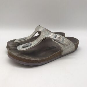 Birkenstock Gizeh Sparkly Silver Birko-Flor T-Strap Thong 34 Girls 3-3.5 Sandals